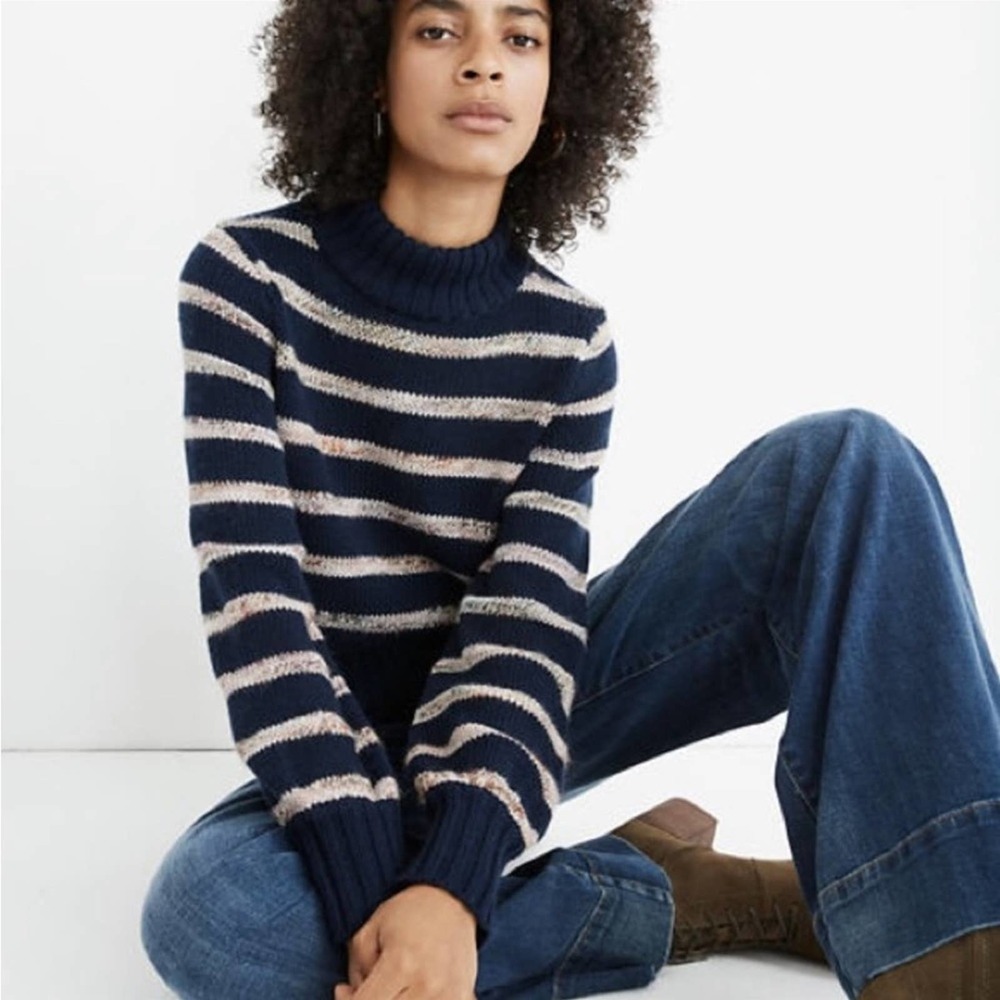 Madewell Metcalf Mock neck Striped Puff Balloon Sleeve Wool Sweater S